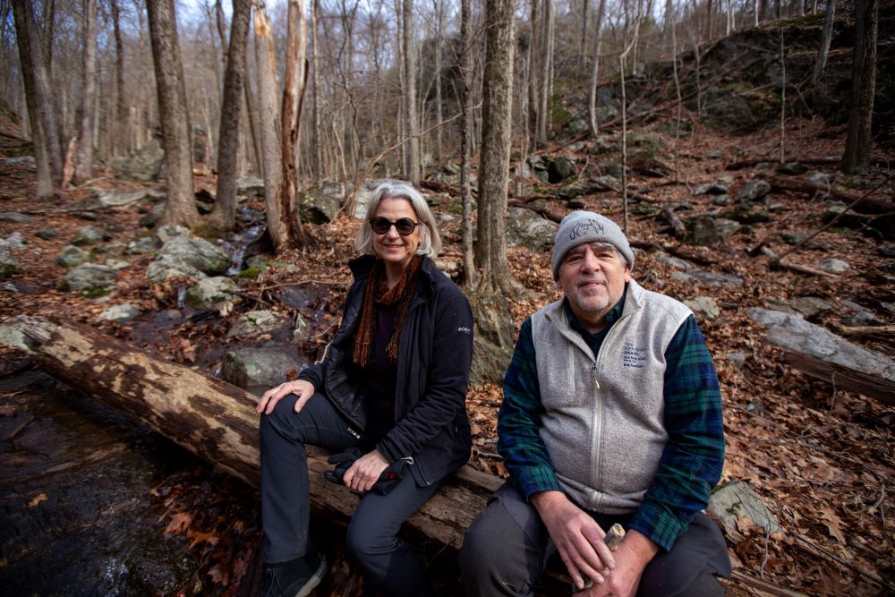 Bethany Land Trust President Carol Lambiase and Board Member Bob Harrison sit on a fallen tree as water from recent rains cascade through the nearby rocks at the Three Sisters Preserve. The Bethany Land Trust and Connecticut Water Company ensured 20 acres of land along Route 63 will remain protected open space in perpetuity available for the public to enjoy. | Richie Rathsack, Connecticut Water